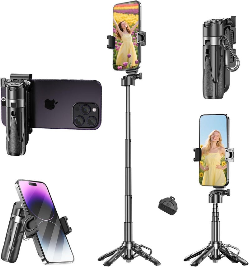 Busdebon 4 in 1 Mini Selfie Stick for iPhone, Portable Compact Pocket Selfie Stick Tripod with Bluetooth Remote, 360° Rotation Small Tiny Selfie Stick for Commuting Travel Vlogging - Image 1